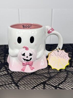 NEW Haunted Halloween Ghost Pink Pumpkin Mug